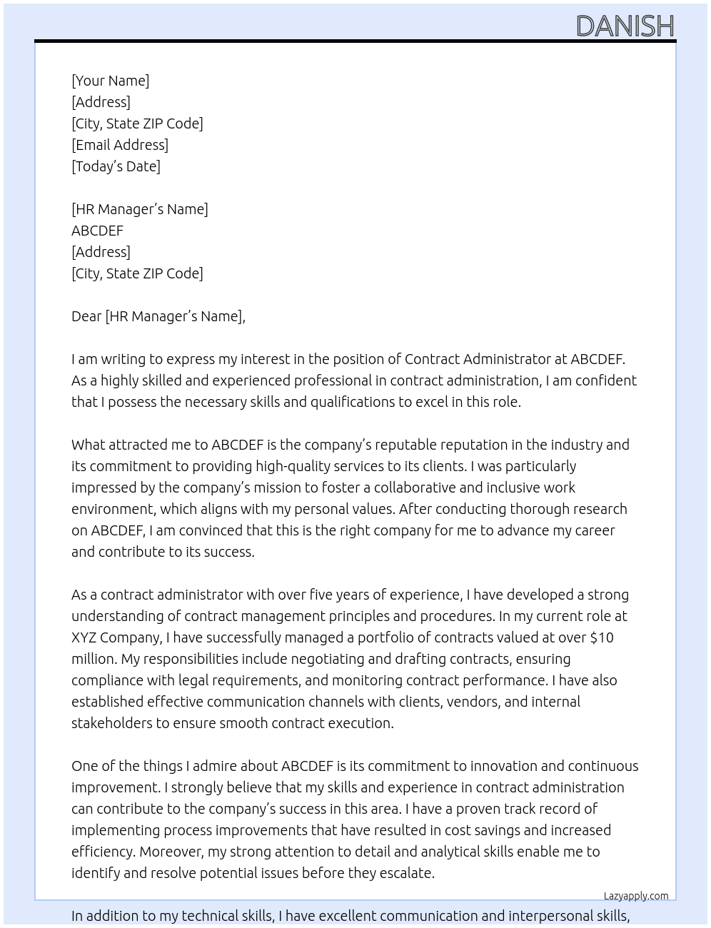 Contract Administrator At ABCDEF Cover Letter