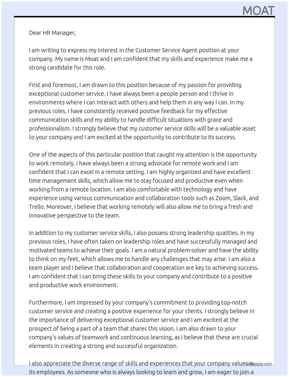 Customer Service Agent At no name Cover Letter