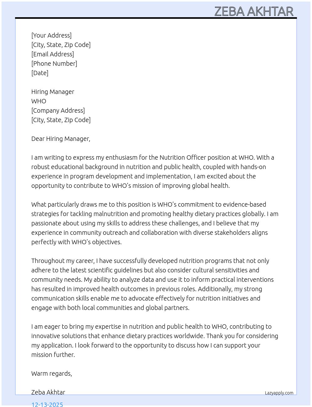 For nutrition officer At Who  Cover Letter