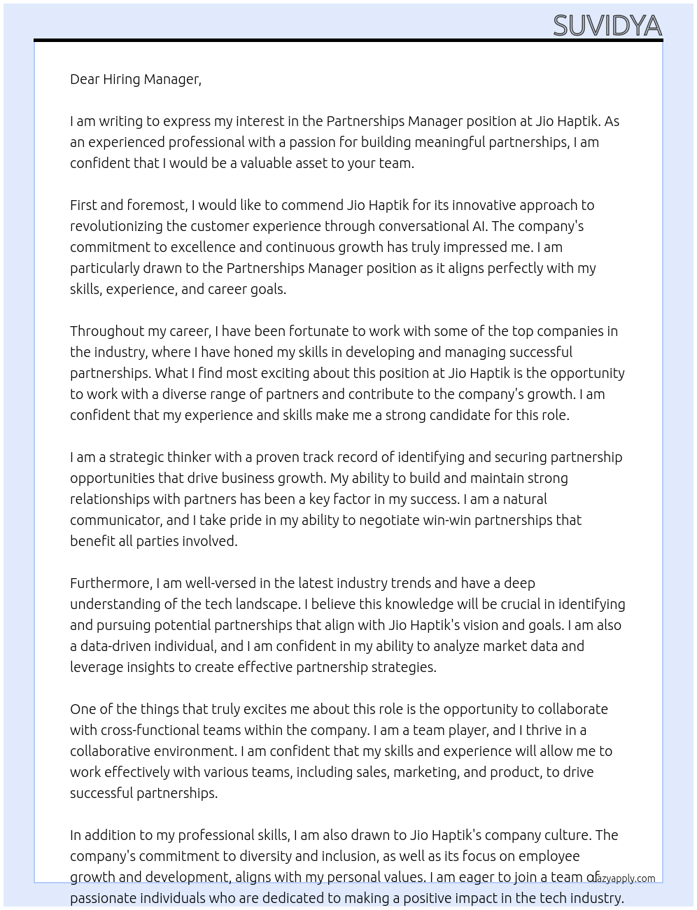 Partnerships Manager At Jio Haptik Cover Letter