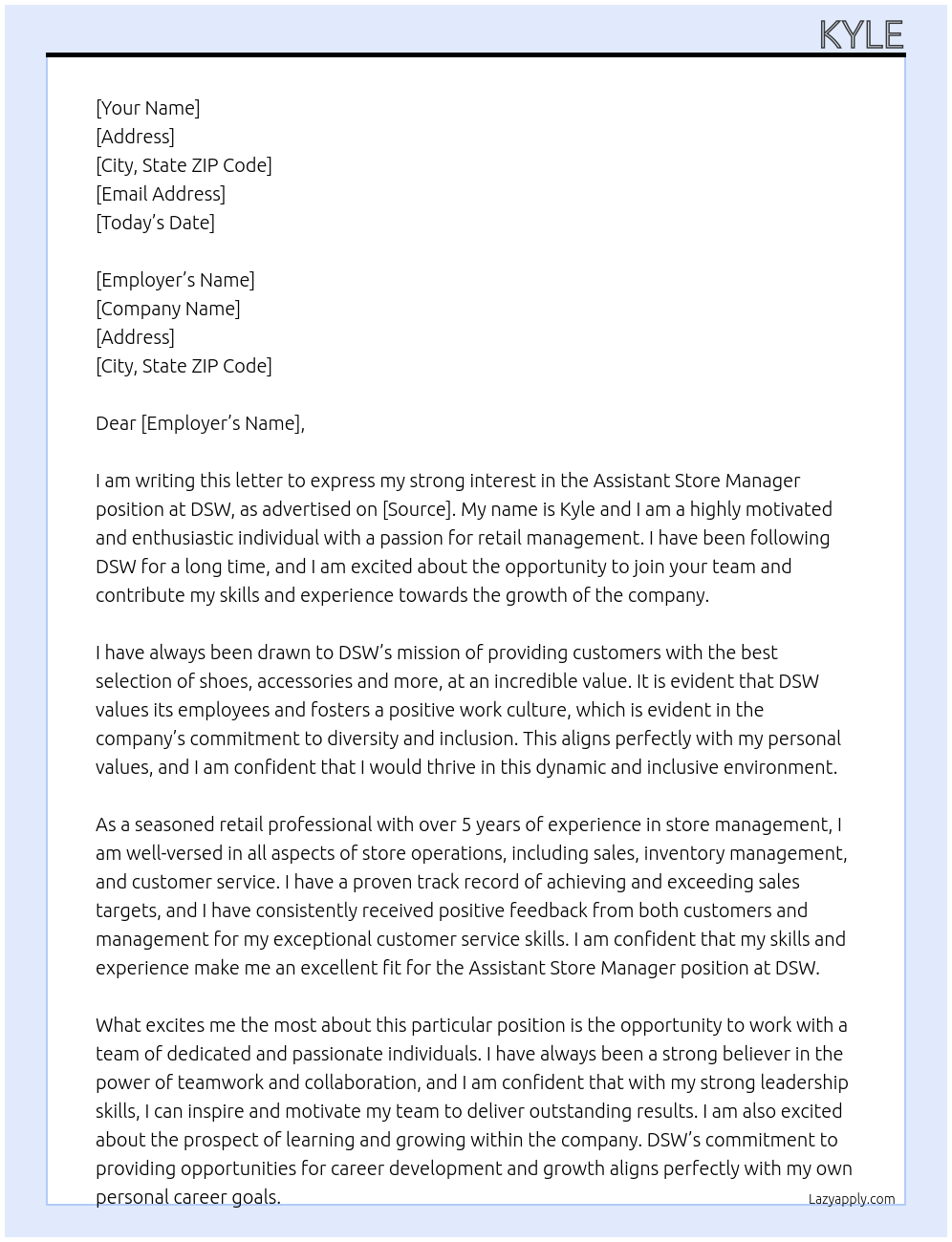 Assistant store manager At DSW Cover Letter