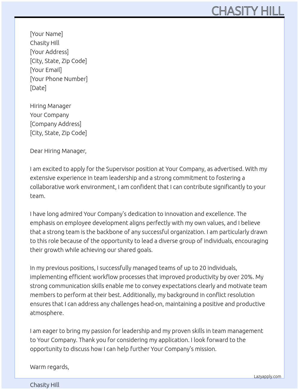 Supervisor At Your company Cover Letter