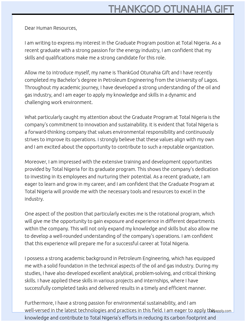 graduate program  At Total Nigeria  Cover Letter