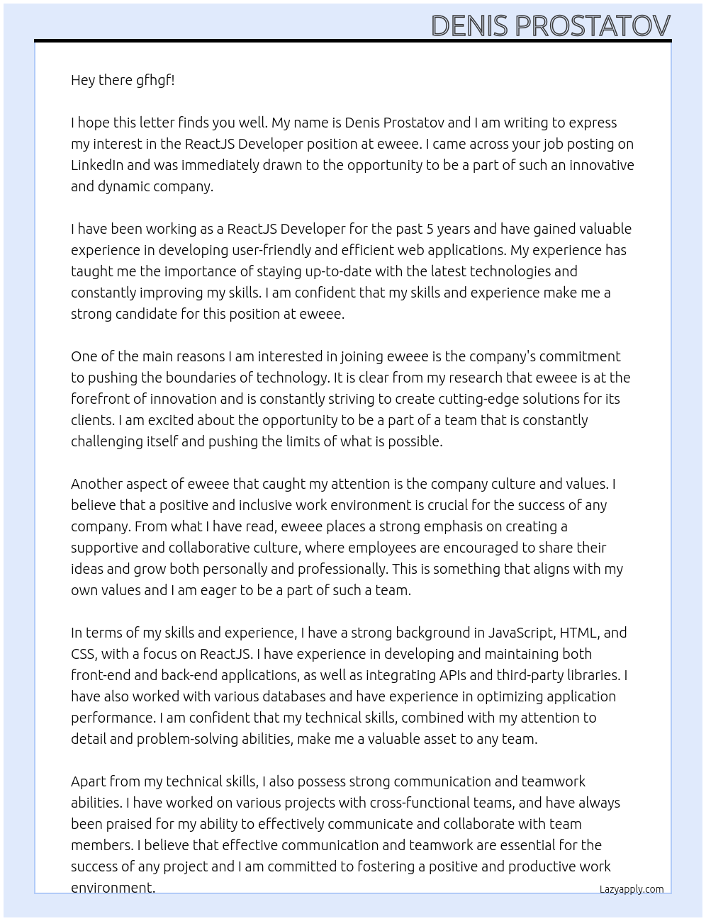 ReactJS Developer At eweee Cover Letter