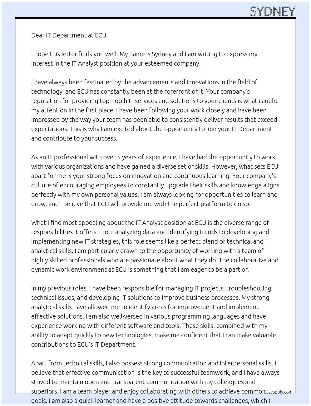 IT Analyst At ecu Cover Letter