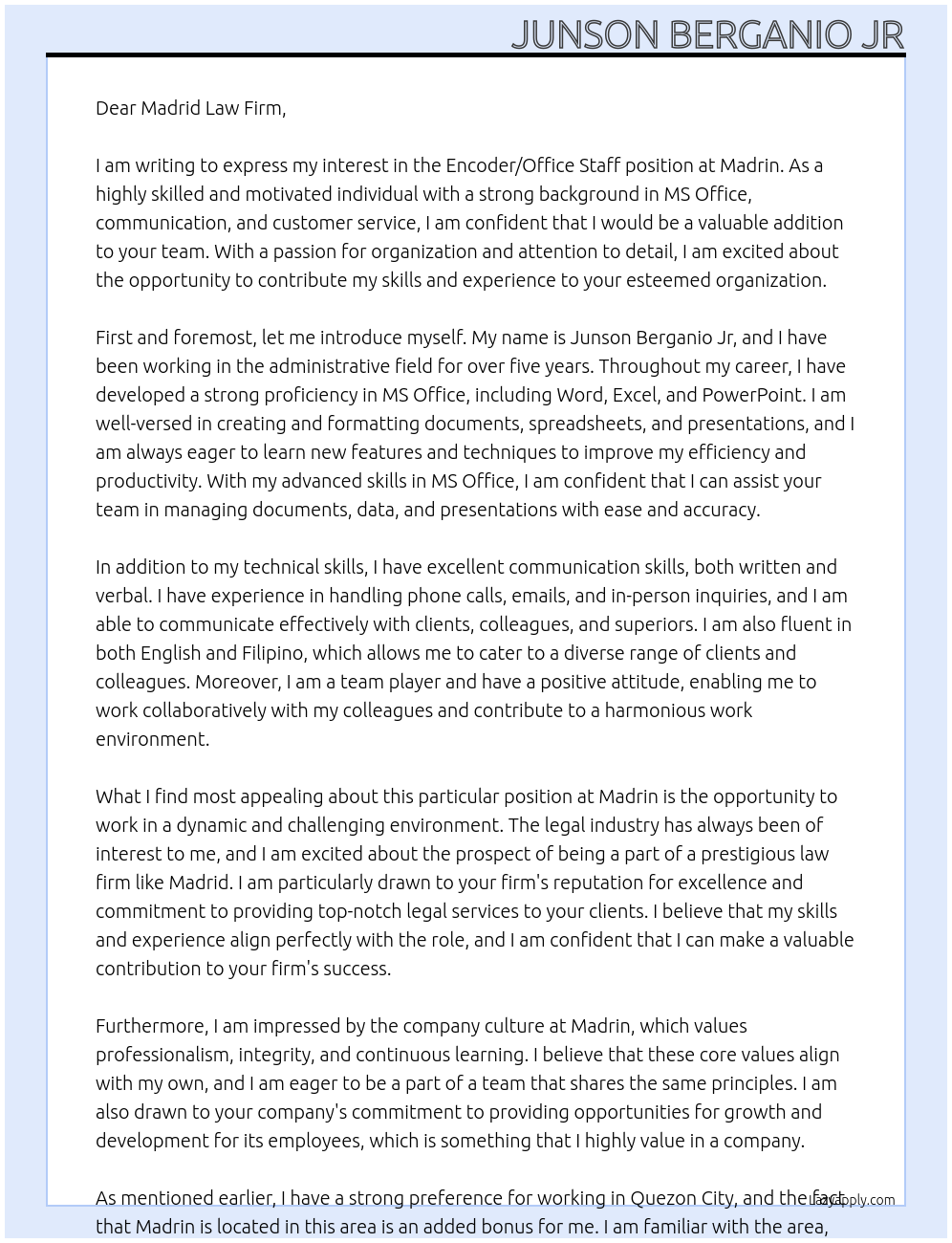 Cover letter for encoder/office staff - LazyApply