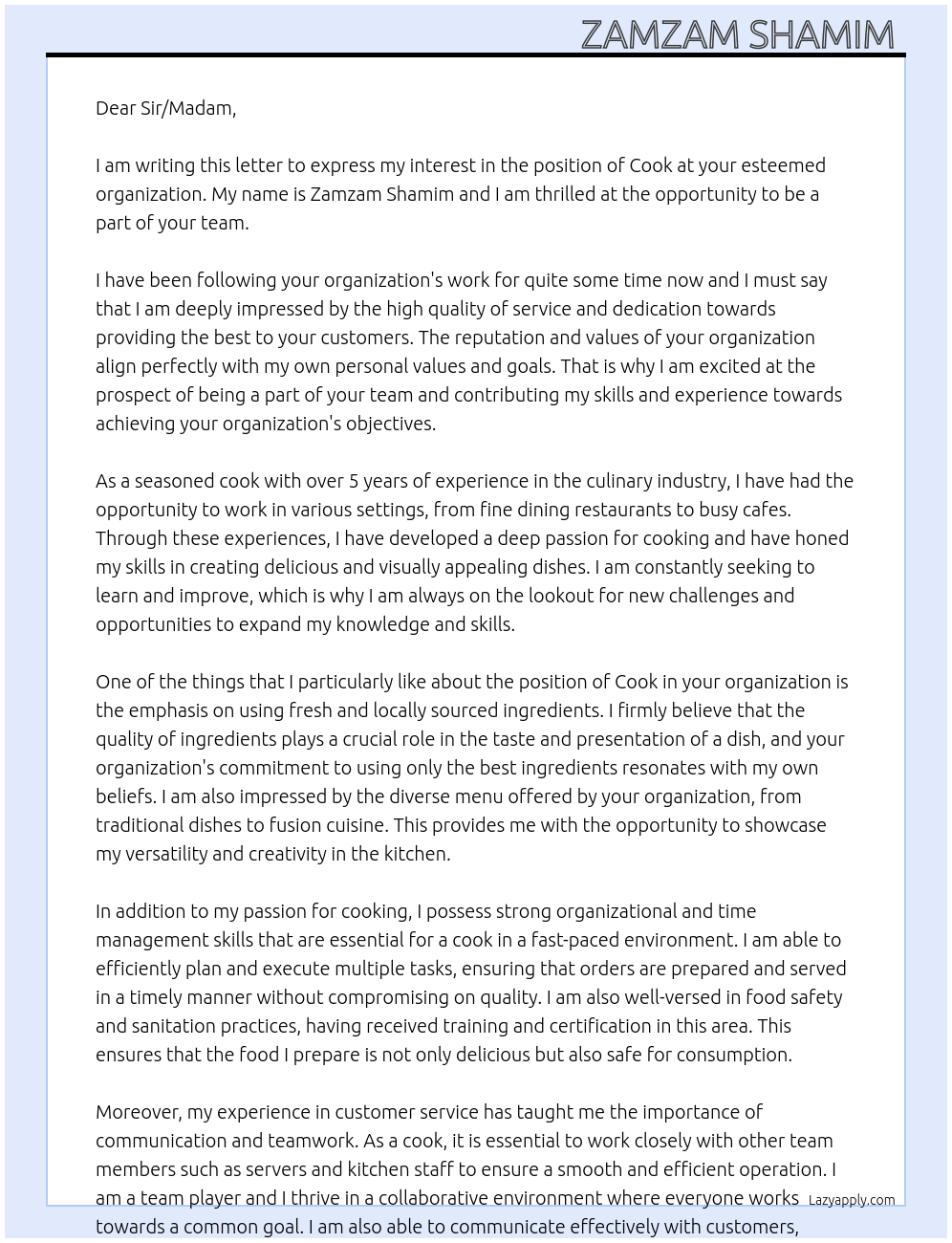 Cook At organization Cover Letter