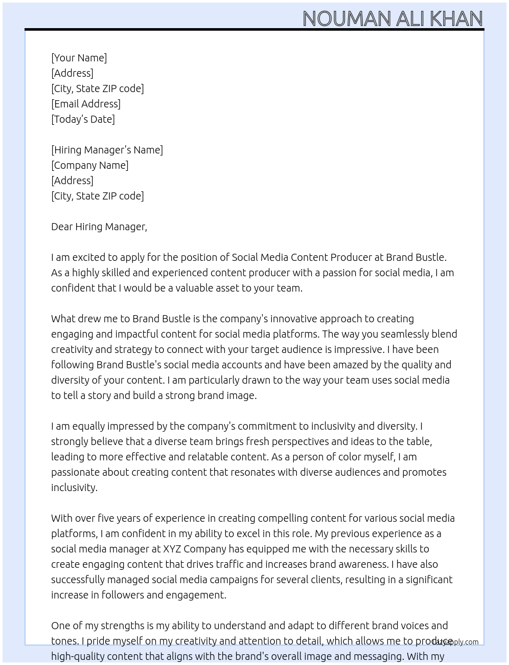 Social media content producer At Brand Bustle Cover Letter