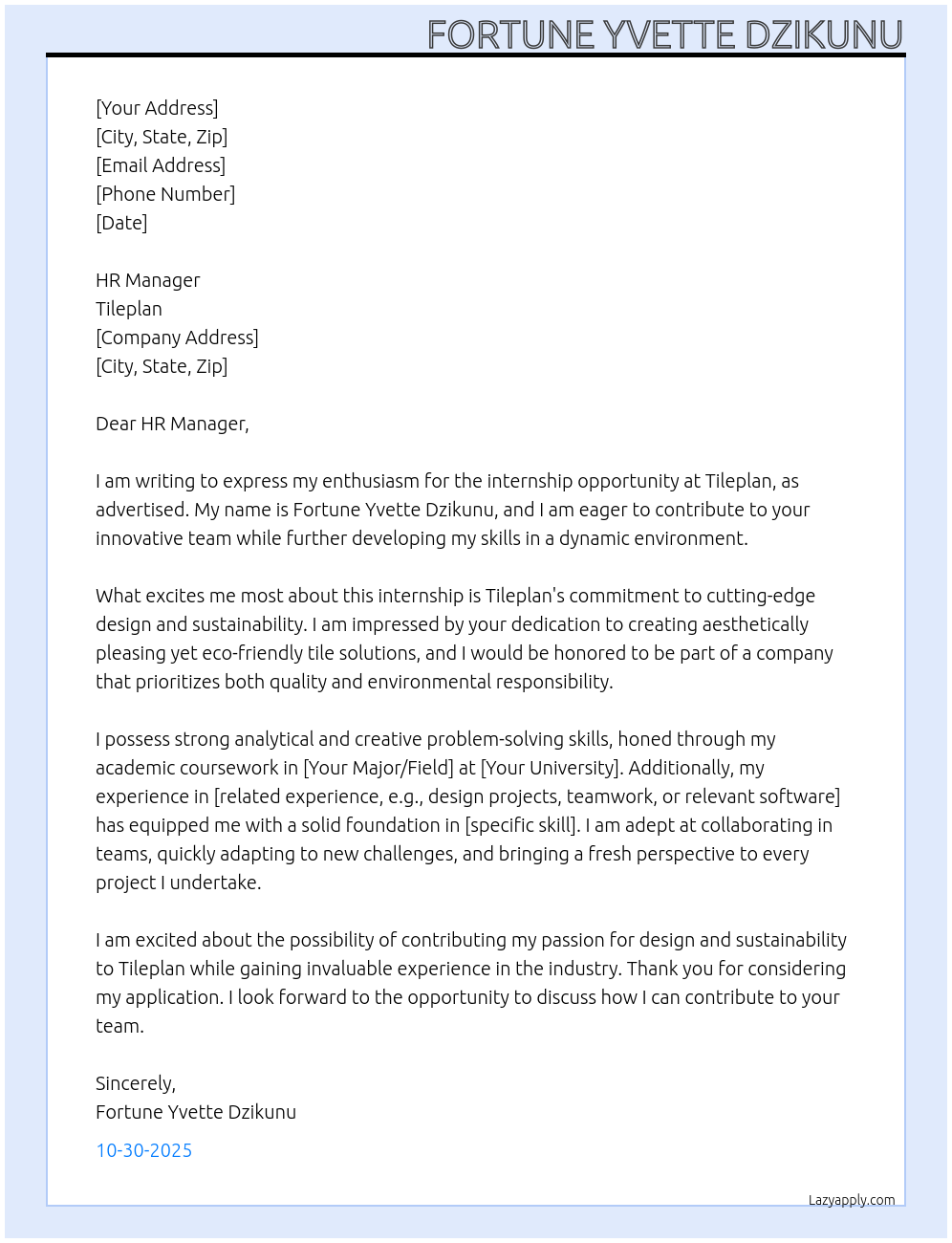 Internship At Tileplan Cover Letter