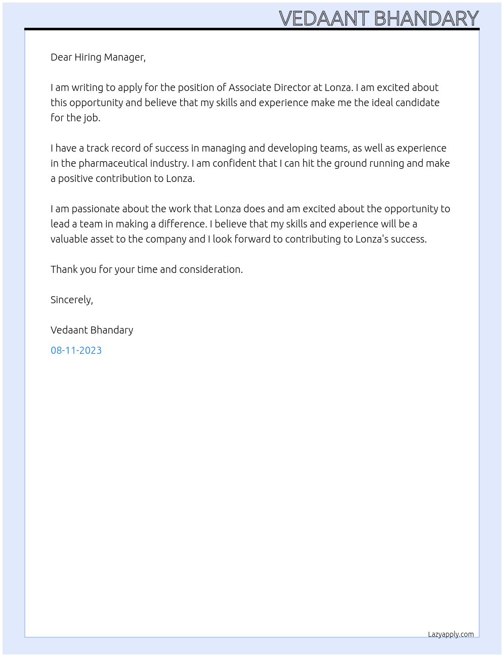 associate director At Lonza Cover Letter