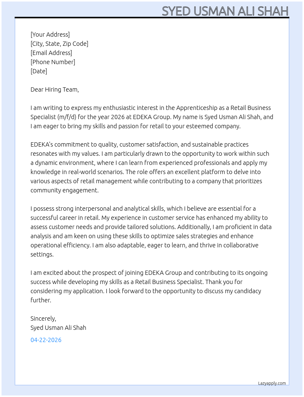 Apprenticeship as a Retail Business Specialist (m/f/d) - 2026 At EDEKA group Cover Letter