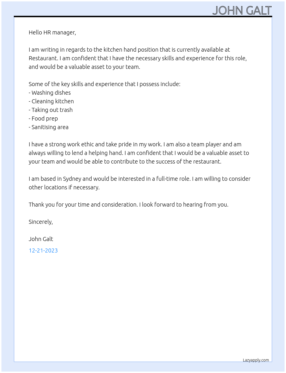 kitchen hand At Restaurant Cover Letter