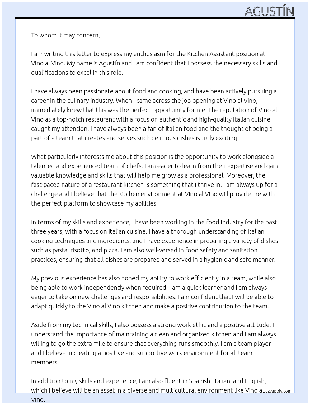 Kitchen Assistant At Vino al Vino Cover Letter