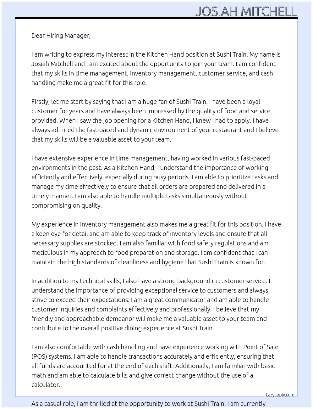 Kitchen Hand At Sushi Train Cover Letter