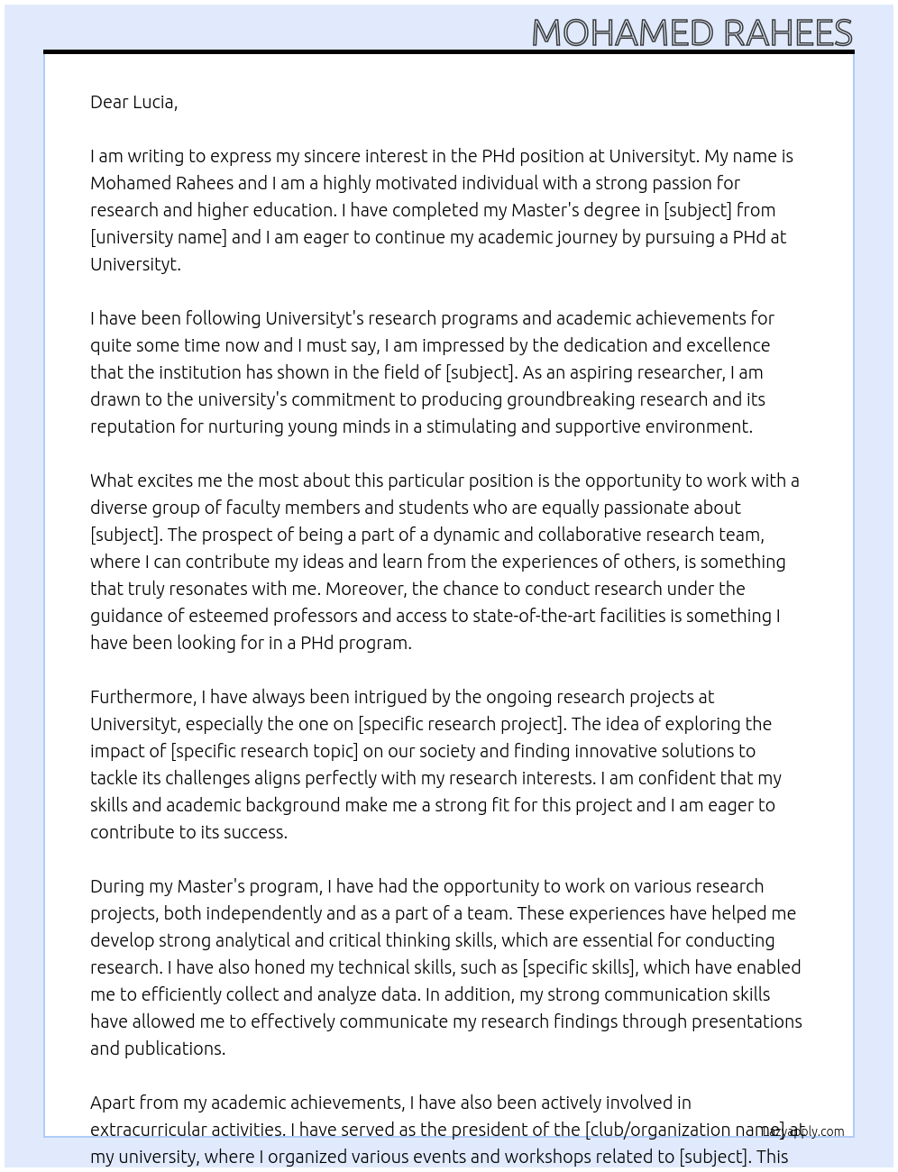 Cover letter for applying for phd - LazyApply