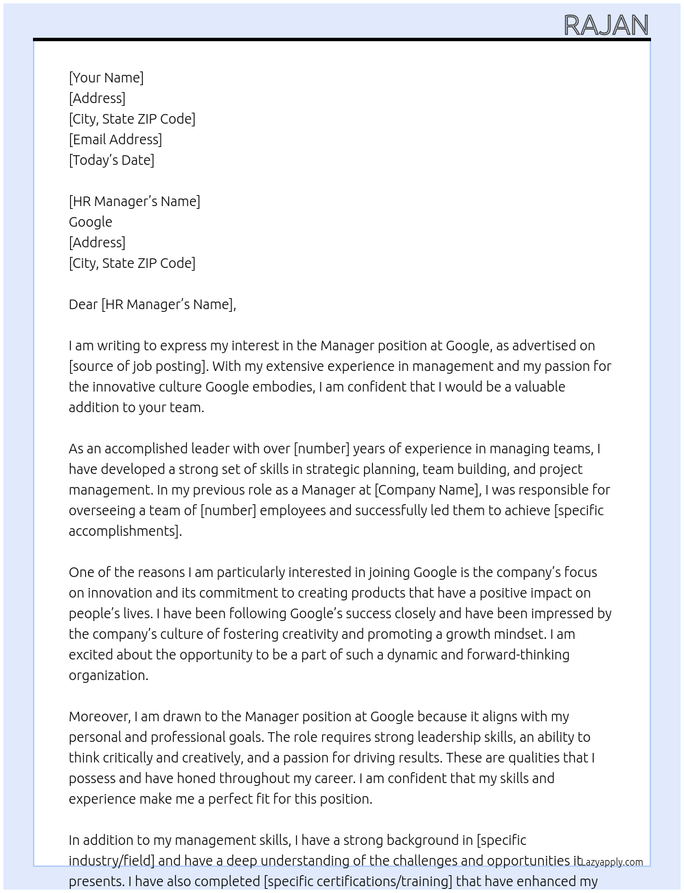 Manger At Google Cover Letter