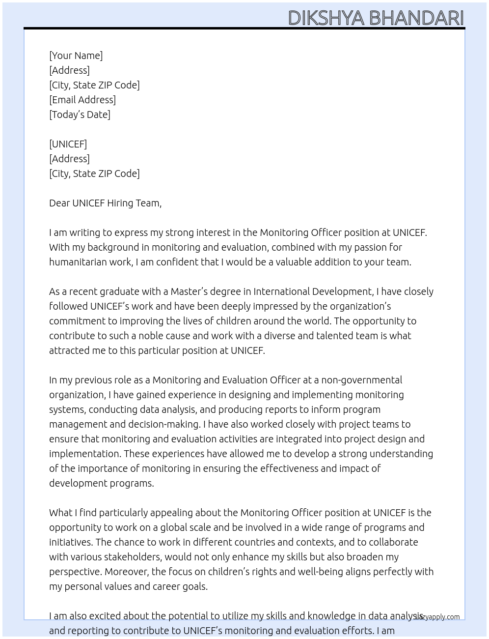 Cover letter for monitoring offcier - LazyApply