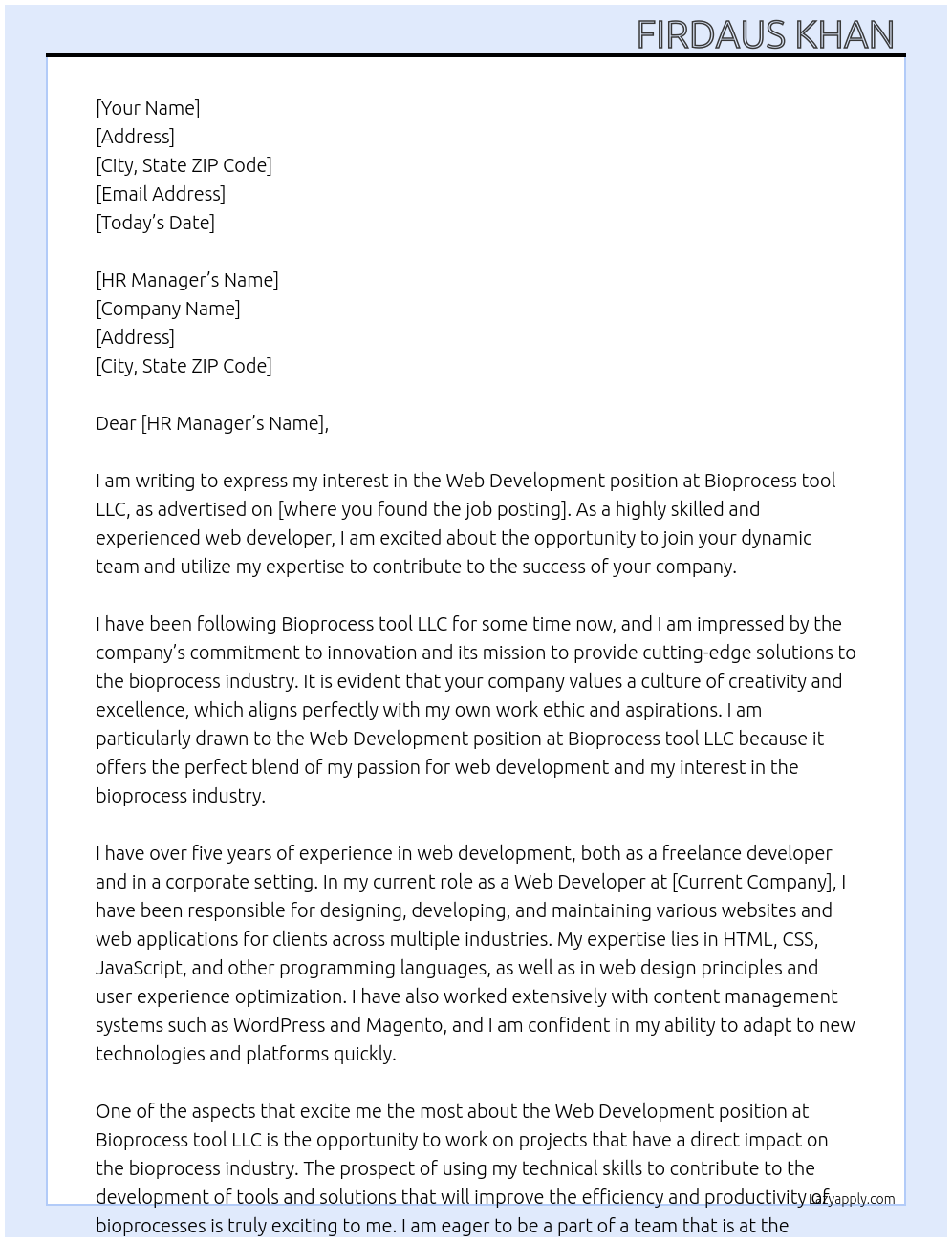 Web development At Bioprocess tool LLC Cover Letter