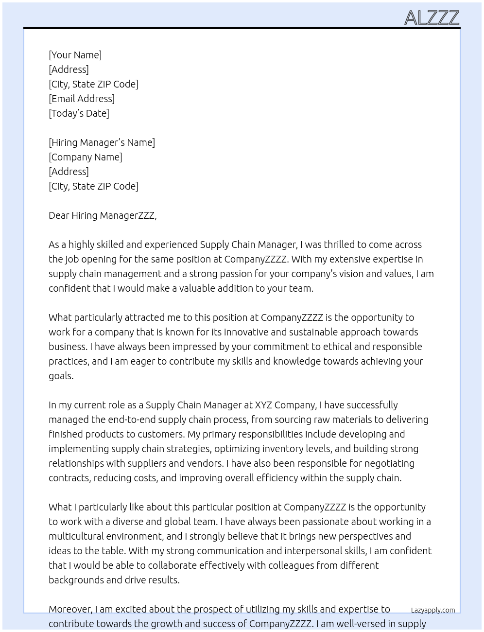 Supply Chain Manager At COMPANYZZZZ Cover Letter