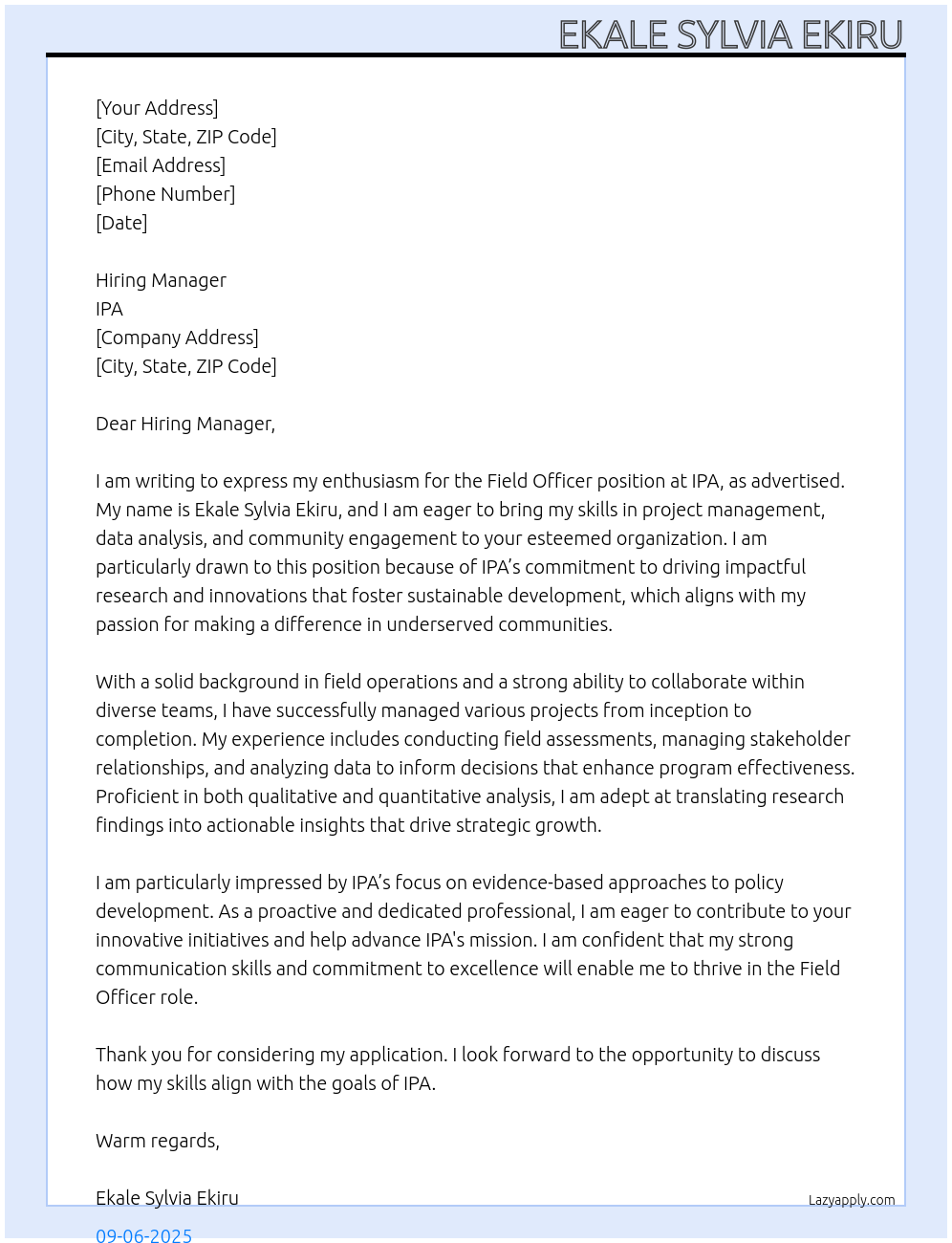 FIELD OFFICER At IPA Cover Letter