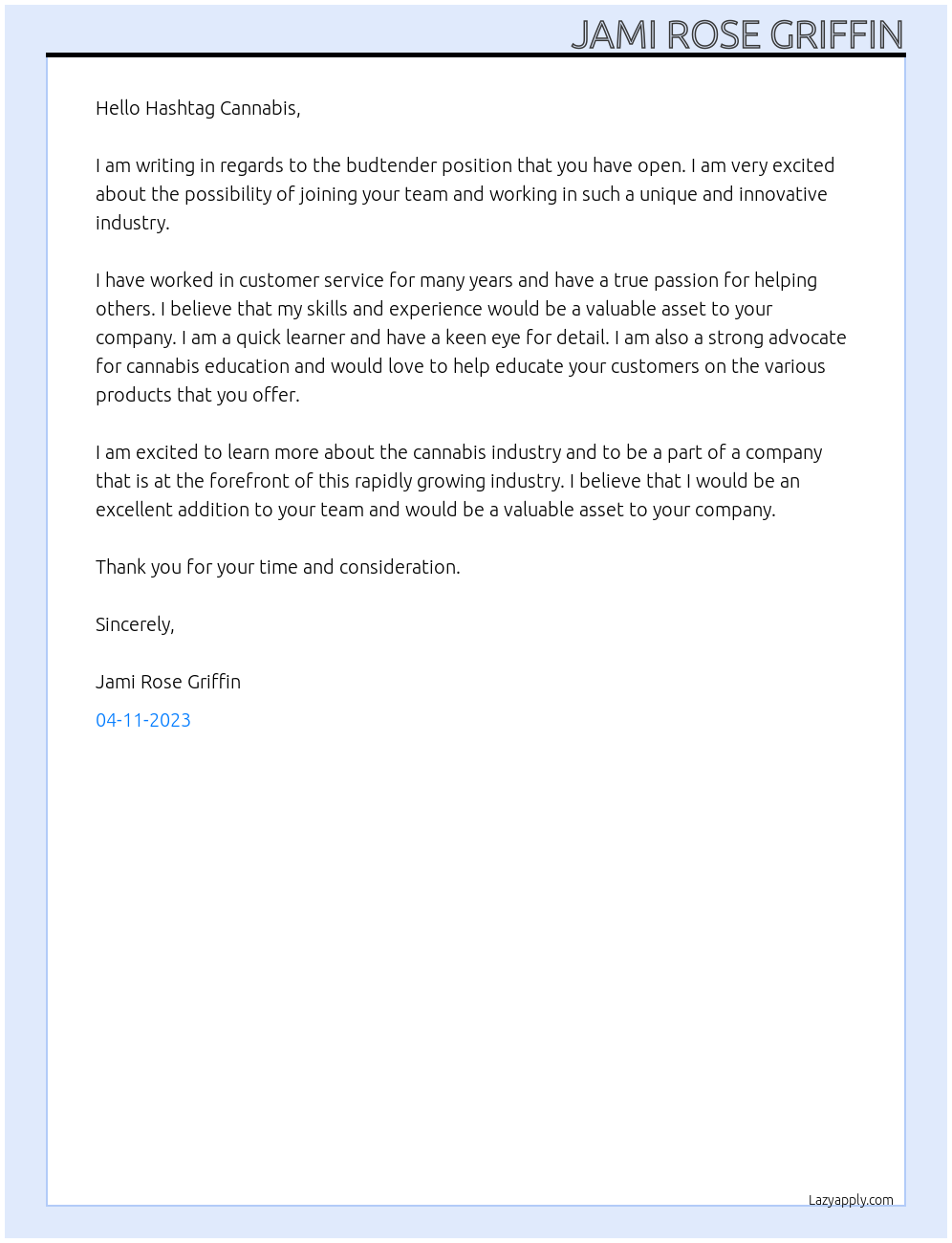 budtender At Hashtag Cannabis Cover Letter