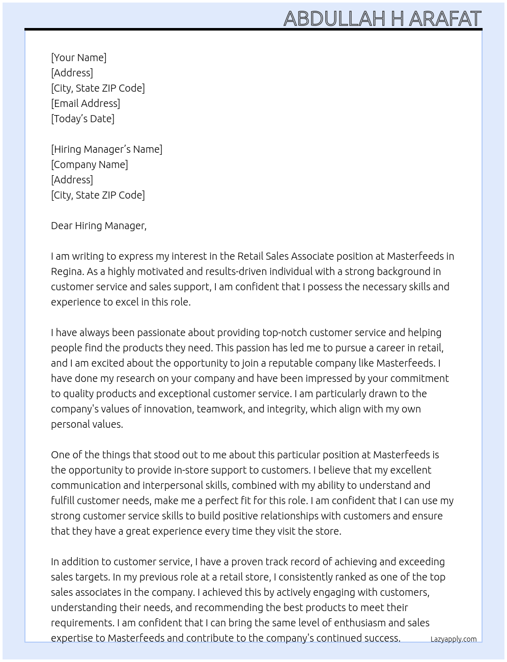 Retail sales associate  At Masterfeeds Cover Letter