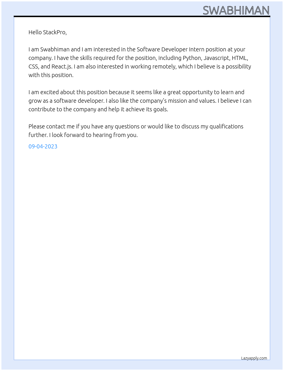 Software Developer Intern At StackPro Cover Letter