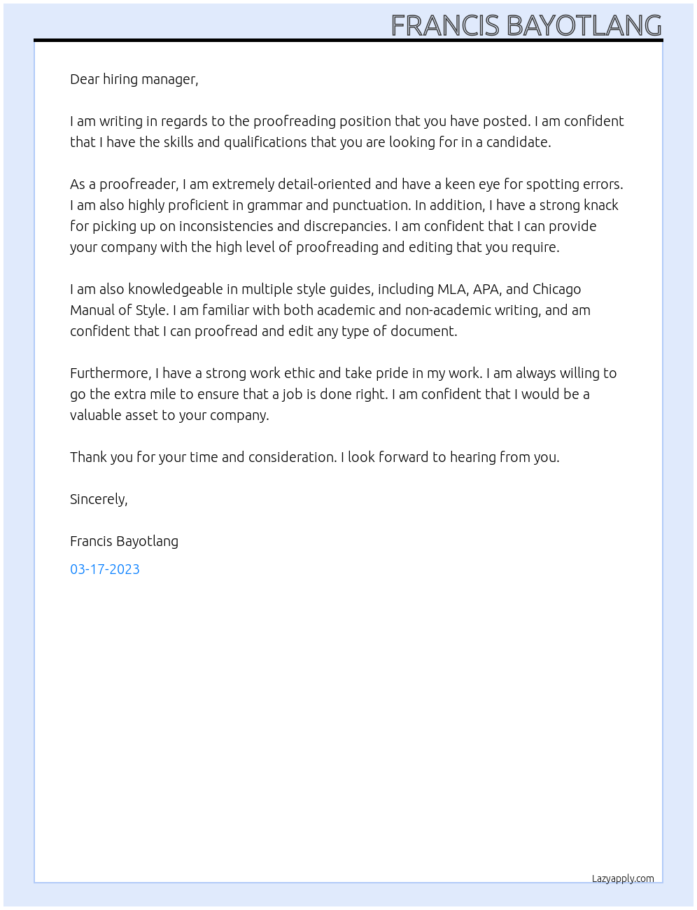 Proof reader At NA Cover Letter