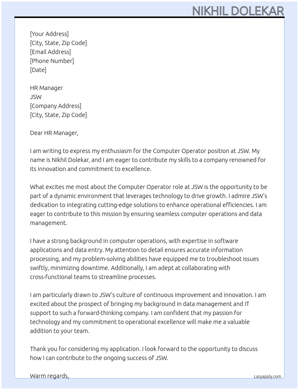 COMPUTER OPERATOR At JSW Cover Letter
