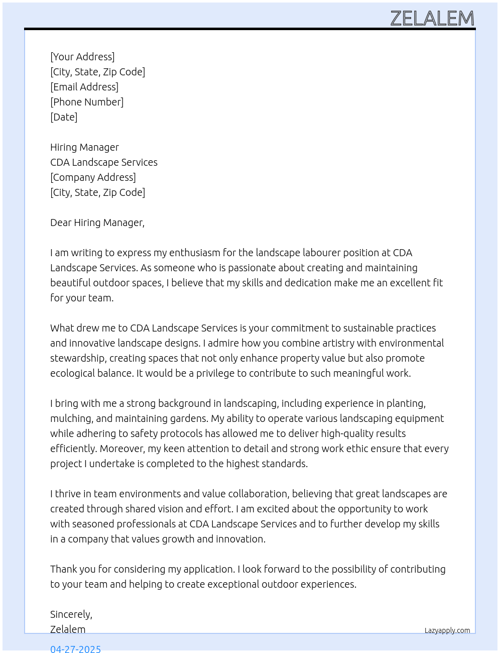  landscape labourer  At CDA Landscape Services Cover Letter