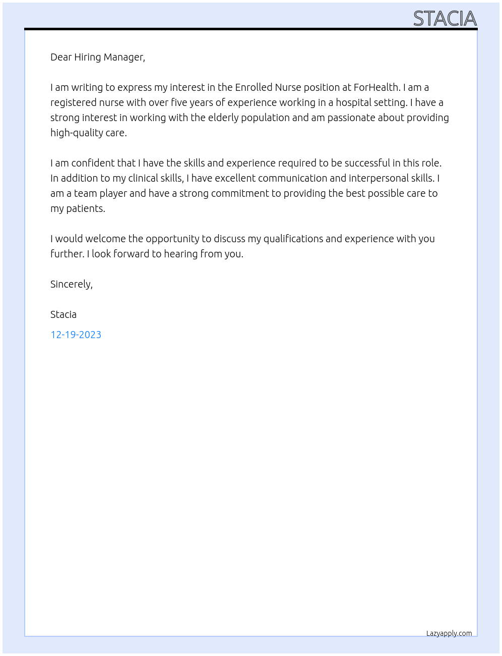 Enrolled Nurse At ForHealth  Cover Letter