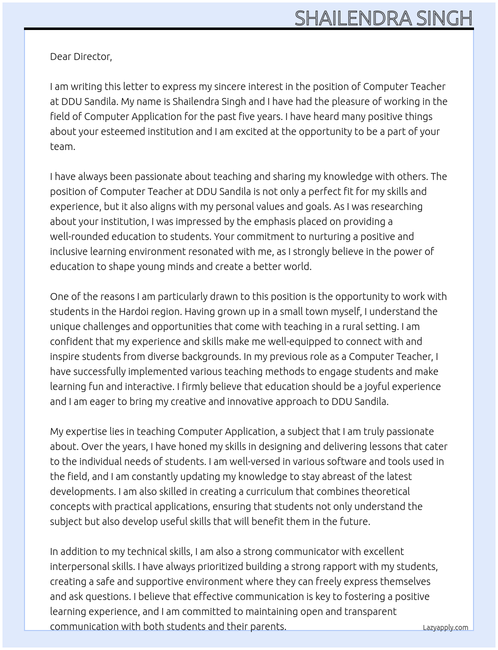 Computer Teacher At DDU Sandila Cover Letter
