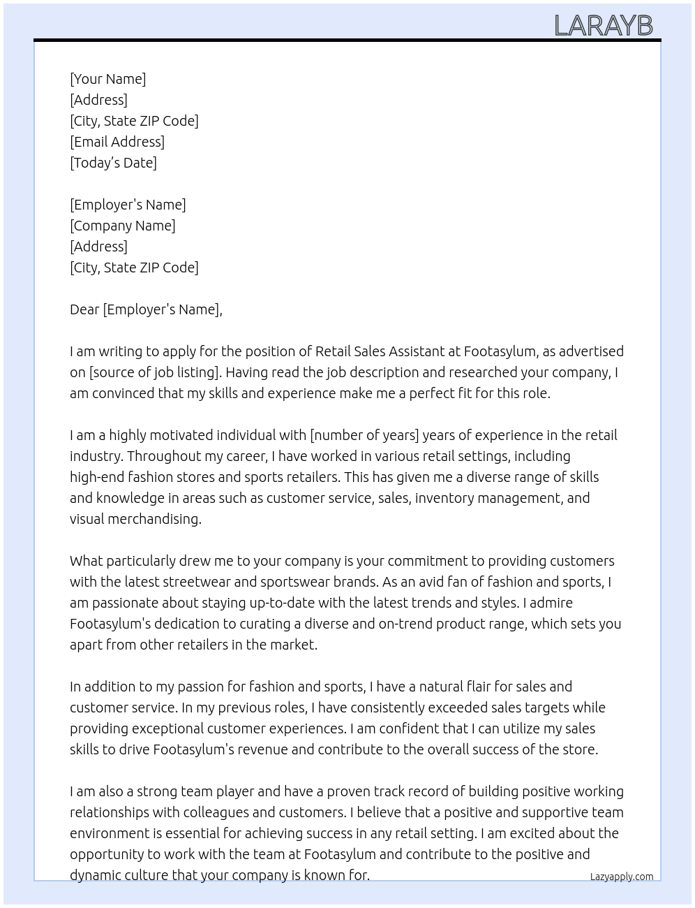 retail sales assistant At footasylum Cover Letter