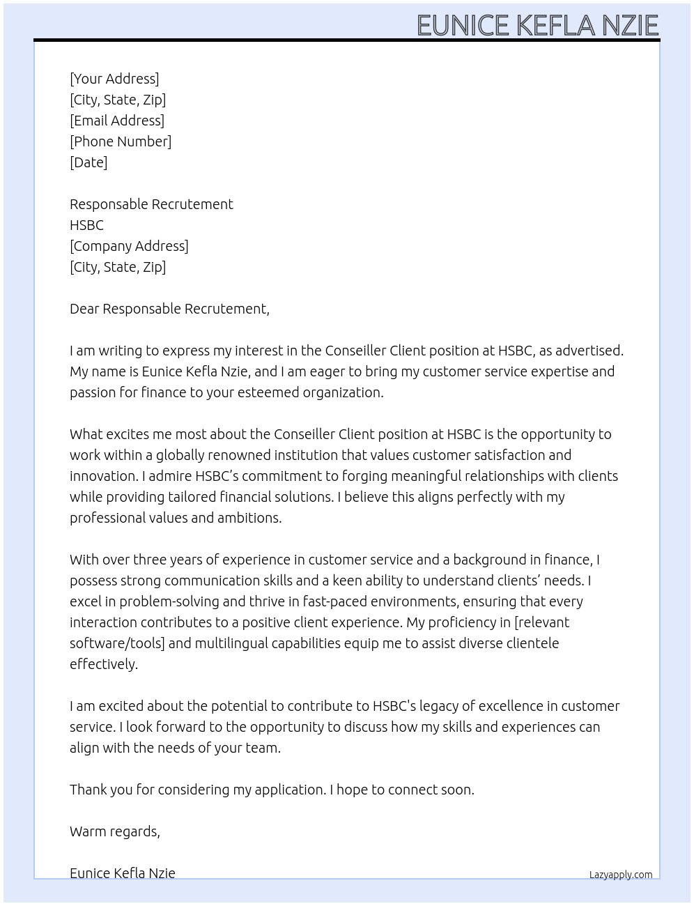 Conseiller client At HSBC Cover Letter