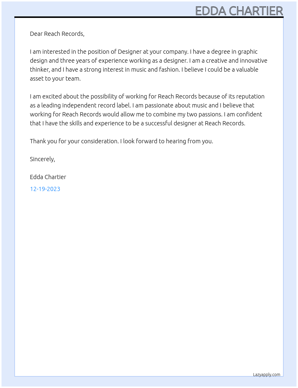 Designer At Reach Records Cover Letter