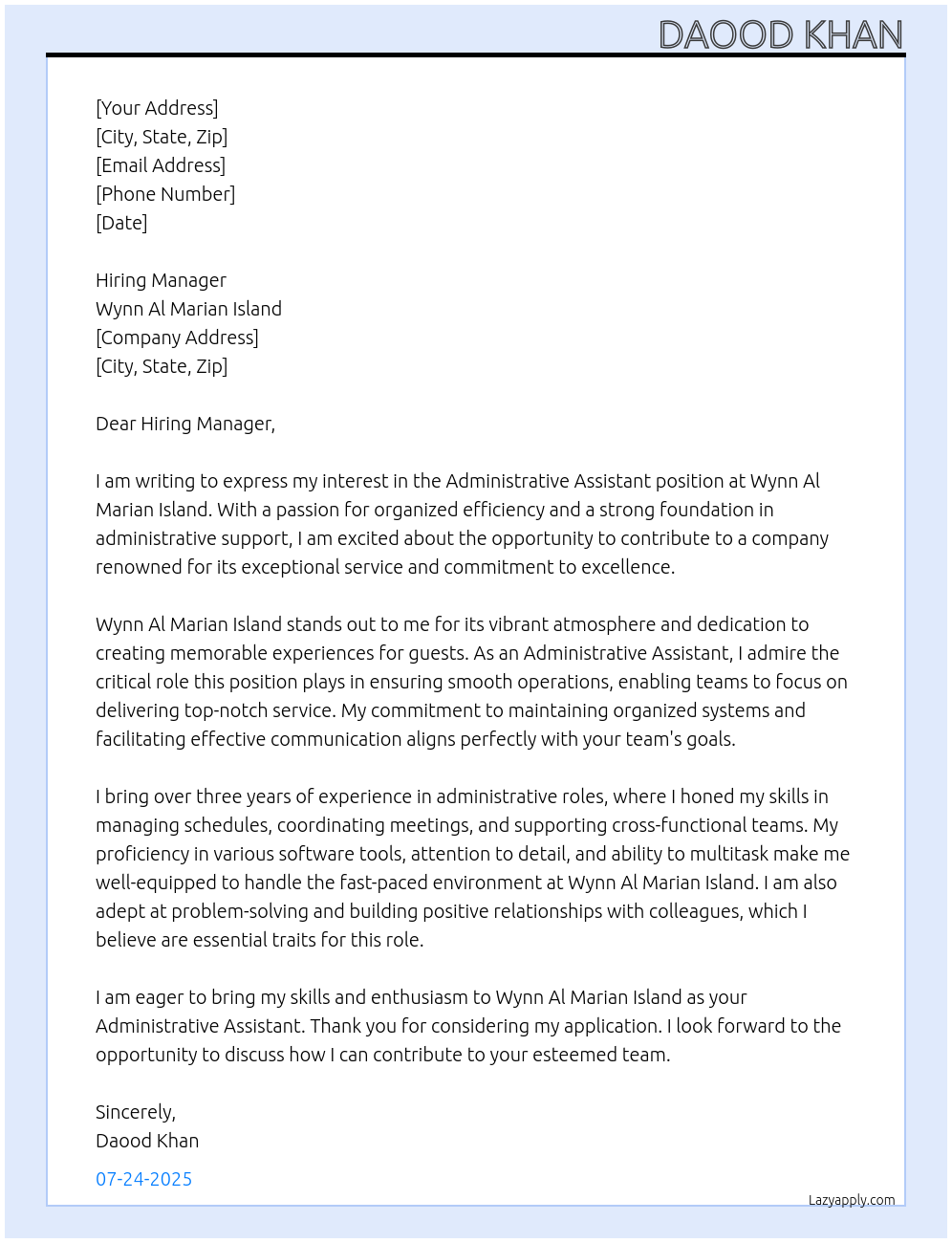 Administrative Assistant At Wynn Al Marian Island Cover Letter