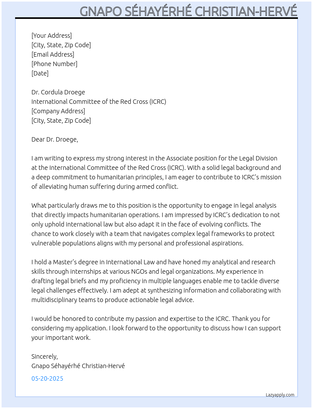 associate for legal division At ICRC Cover Letter