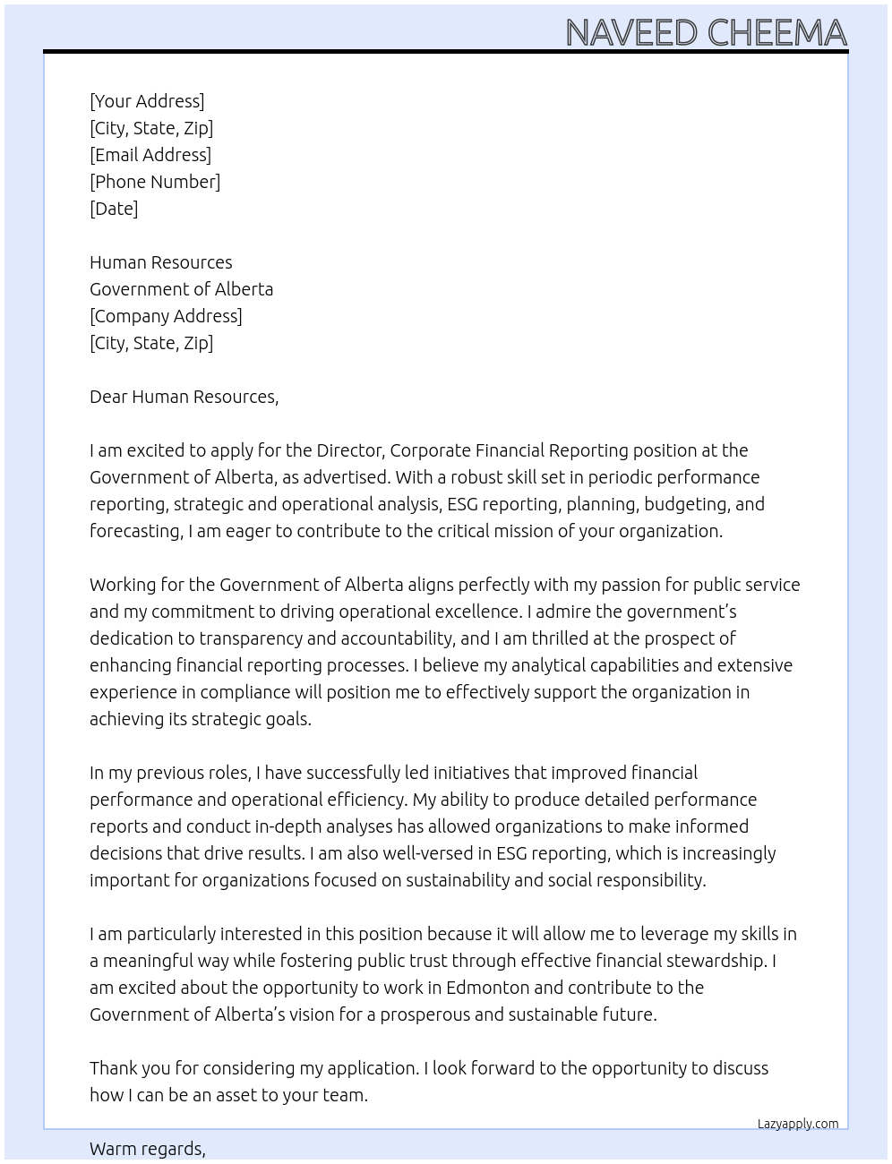 Director, Corporate Financial Reporting At Government of Alberta Cover Letter