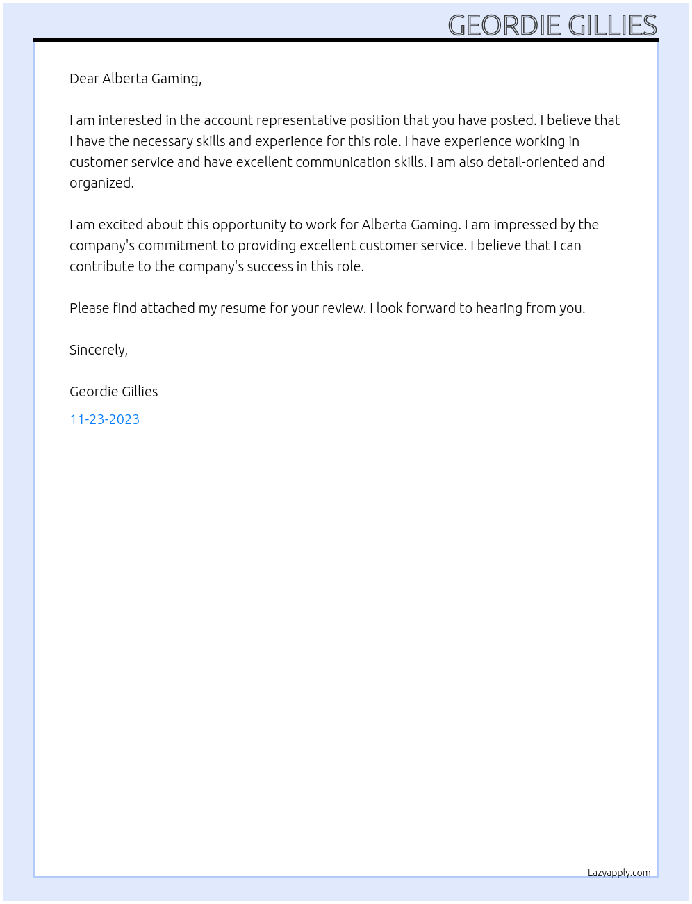 Account Representative At Alberta Gaming Cover Letter