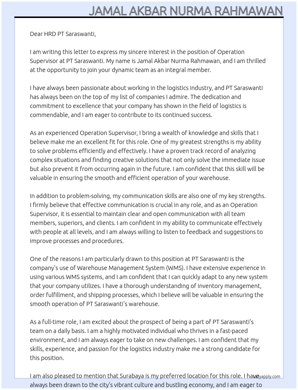 Operation Supervisor At PT Saraswanti Cover Letter