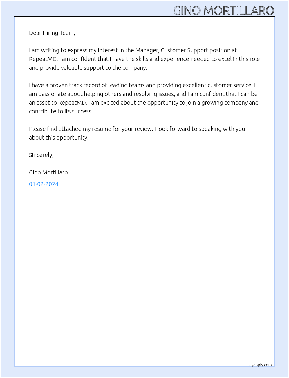 Manager, Customer Support At RepeatMD Cover Letter