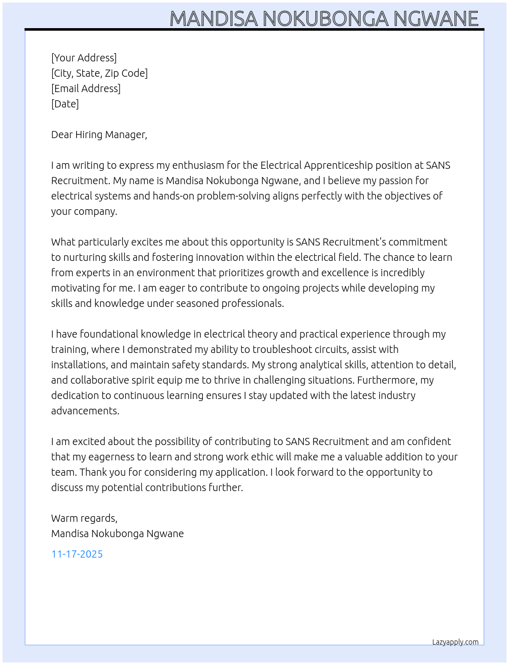 Cover letter for electrical apprenticeship - LazyApply