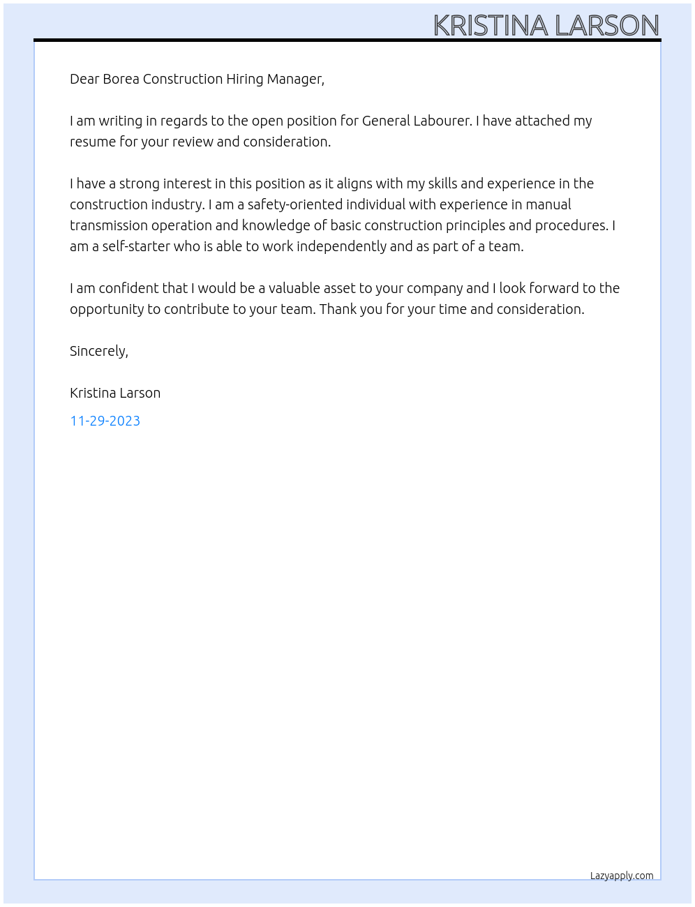 General Labourer At Borea Construction Cover Letter