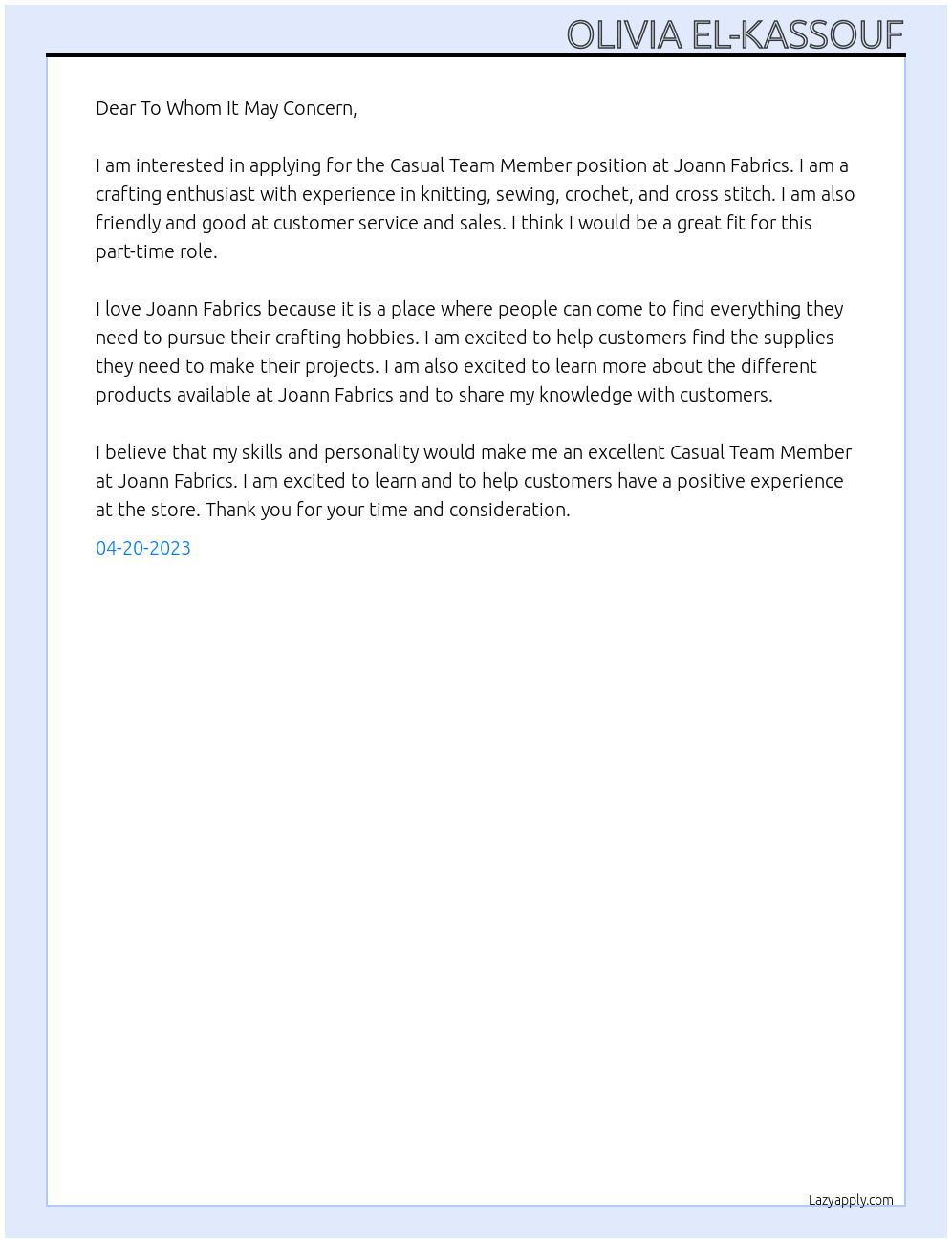 Casual Team Member At Joann Fabrics Cover Letter