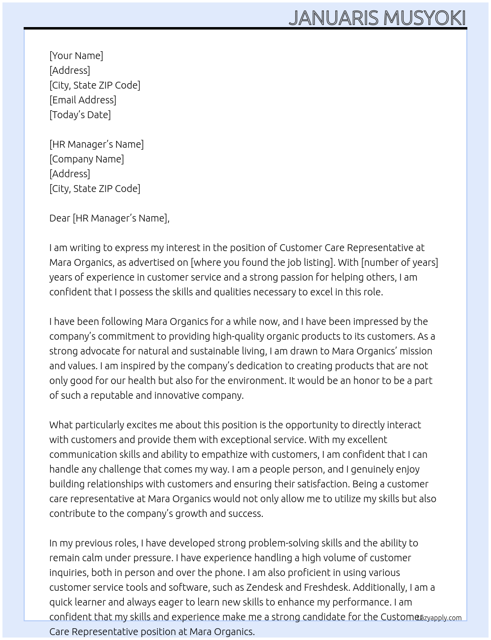 customer care representative At Mara Organics Cover Letter