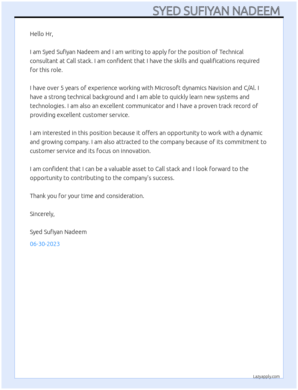 Technical consultant At Call stack Cover Letter