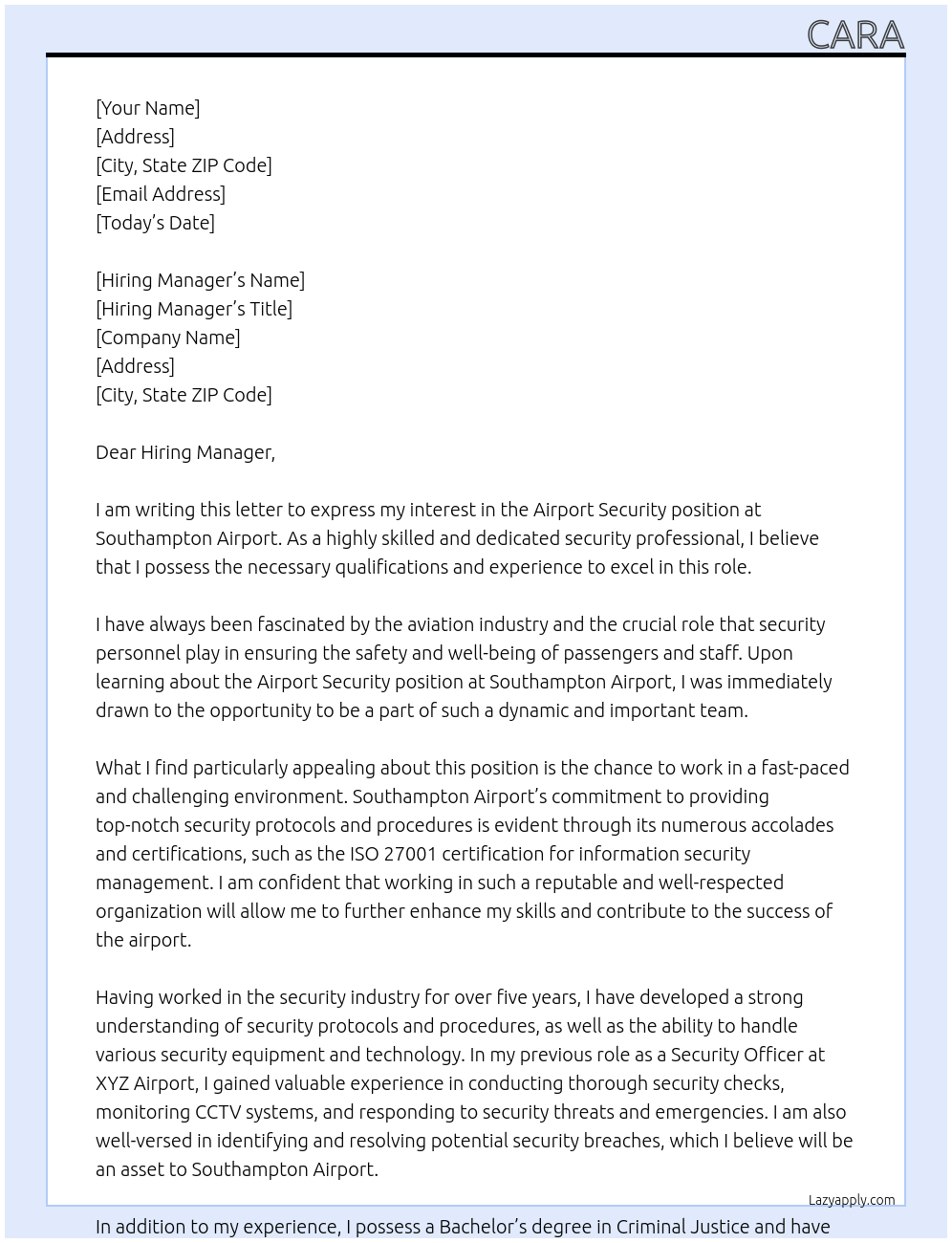 Airport security  At Southampton Airport Cover Letter