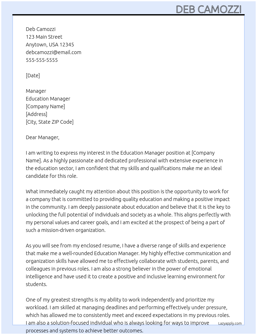 Education Manager  At Unknown  Cover Letter