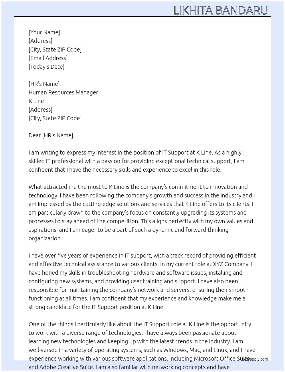 IT support  At K line Cover Letter