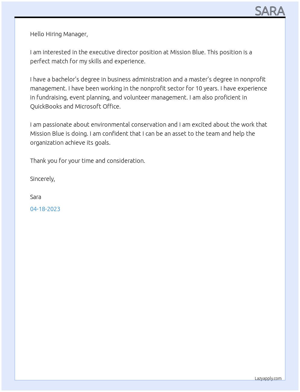 executive director At Mission Blue Cover Letter